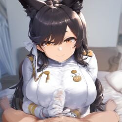 1boy 1girls ai_generated animal_ear_fluff animal_ears atago_(azur_lane) azur_lane bangs bed bedroom between_thighs big_breasts gloved_handjob handjob jaygoats laying_on_bed looking_at_viewer mature_female milf motion_lines smile