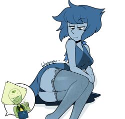 alien blue_body blue_hair blushmallet cartoon_network gem_(species) lapis_lazuli_(steven_universe) lingerie not_porn peridot_(steven_universe) steven_universe stockings