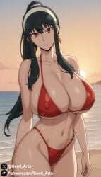 1girls ai_generated bikini black_hair cleavage covered_nipples female female_only gumi_arts hairband huge_breasts human looking_at_viewer navel ocean oiled outdoors ponytail red_eyes sand solo spy_x_family stable_diffusion yor_briar