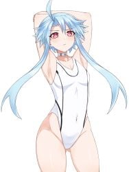 armpits arms_up blanc blue_hair choker front_view goddess light-skinned_female looking_at_viewer neptunia_(series) red_eyes short_hair short_hair_with_long_locks simple_background small_breasts swimsuit white_heart_(neptunia) zatsu