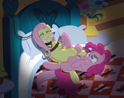 2015 anthro arms_behind_back bed biting_lip blue_eyes blush bondage bound bound_to_bed closed_eyes cloth_gag collar duo equine female femdom femsub feral flower fluttershy_(mlp) forced friendship_is_magic gag gagged hair horse lying mammal multiple_girls my_little_pony pegasus pillow pink_hair pinkie_pie_(mlp) plant pony pussy radiantrealm rape rope sex tears tribadism vase wings yuri