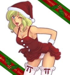 1girls 2008 akaza_shiro beltorchika_irma blonde_hair blue_eyes breasts christmas cleavage dress dress_lift female gundam human large_breasts light-skinned_female light_skin long_hair looking_at_viewer panties santa_costume santa_hat tagme thighhighs zeta_gundam zettai_ryouiki