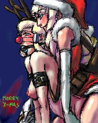 2girls blonde_hair breasts christmas dianna_soreil female gundam human kihel_heim light-skinned_female light_skin long_hair maya_sawamura_anderson multiple_girls nipples santa_costume santa_hat tagme turn_a_gundam yuri