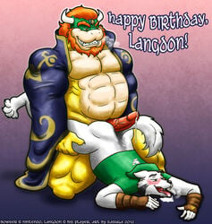 2012 anthro ass balls belly biceps big big_penis birthday black_hair blue_eyes blush bowser buttjob canine chubby claws clothes collar cosplay cum dragon english_text erection fangs fur furry furry_only gay hair hindpaw horn husky king koopa langdon leaking link_(cosplay) male male_only mario_(series) muscles nintendo no_humans nude open_mouth overweight paws pecs penis plain_background raised_tail reptile royalty sasuga scalie simple_background smile text the_legend_of_zelda thick thick_penis thighs toes tongue tongue_out triforce turtle vein veins