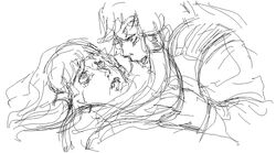 2girls breasts dianna_soreil female female_only gundam human kihel_heim long_hair low_res maya_sawamura_anderson monochrome sketch turn_a_gundam yuri