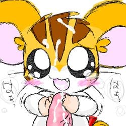 1boy 1girls abe_yukio blush cum hamster hamtaro_(series) penis sandy_(hamtaro)