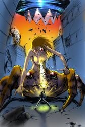 background beige_skin blonde_hair breasts color earth_defense_force female human large_breasts missile monster_girl red_eyes short_hair spider spider_girl standing storm_1 ufo weapon