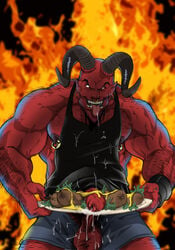 1boy 1male apron bald balls ballsack barbell_piercing beard beefy body_hair clothing cum cum_drip demon drooling ear_piercing earrings facial_hair facial_piercing fangs fire flaccid_penis food foreskin goatee grin hairy hairy_male horns humanoid intact kupopo lettuce long_foreskin male male_nipples male_only masculine mature_male meat_log_mountain muscular_male mustard nipple_piercing nipple_rings nipples nose_piercing nose_ring penis penis_out piercing pointy_ears pubes pubic_hair red_skin saliva sausage sausages scrotum septum_piercing shorts solo tagme testicles tongue tongue_out uncut unretracted_foreskin veiny_penis white_eyes