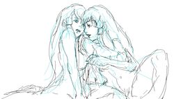 2girls breasts dianna_soreil female female_only gundam human kihel_heim large_breasts long_hair maya_sawamura_anderson monochrome sitting sketch turn_a_gundam yuri