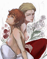 2girls amuro_ray artist_request beige_skin breasts brown_hair char_aznable clothes color female female_only flower gundam hair human light-skinned_female light_skin mobile_suit_gundam multiple_females multiple_girls rule_63 short_hair side_view source_request topless year_request