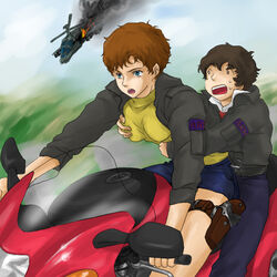 1boy 1girls aircraft amuro_ray artist_request beige_skin blue_eyes breast_grab breasts brown_hair clothes color day driving female fire firearm gun gundam hair handgun helicopter holster human jacket katz_kobayashi male motorcycle open_eyes open_mouth outdoors pants revolver riding round_ears rule_63 short_hair shorts smoke vehicle weapon zeta_gundam