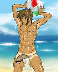 1boy abs areola armpit balls beach blush brown_eyes brown_hair bulge censored flaccid looking_at_viewer male male_only muscular navel nipples penis precum sea short_hair smile soil_(artist) solo standing sweat swimsuit tagme tanline tanned tanned_skin uncut underwear veins veiny_penis wet