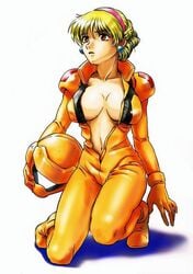 1girls 2003 blonde_hair bodysuit boots breasts brown_eyes curvaceous earrings female gloves gunblaster_itou gundam hairband helmet human jewelry katejina_loos large_breasts light-skinned_female light_skin normal_suit open_clothes open_shirt pilot_suit shirt short_hair solo unzipped victory_gundam villainess