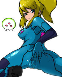 51 artist_request ass blonde_hair blue_eyes bodysuit clitoris female highres human latex legs looking_back metroid nintendo ponytail samus_aran skin_tight spread_pussy spread_pussy_under_clothes thighs tied_hair zero_suit zero_suit_samus