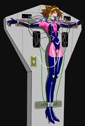 1girls artist_request bodysuit breasts brown_hair female g_gundam gundam hairband human large_breasts light-skinned_female light_skin mobile_trace_suit pilot_suit rain_mikamura restrained short_hair solo tagme