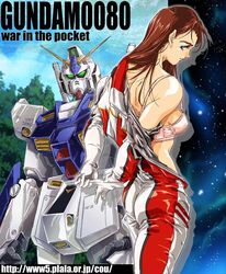 1girls 2001 bodysuit bra breasts christina_mackenzie copyright_name female green_eyes gundam gundam_0080 gundam_alex human large_breasts light-skinned_female light_skin lingerie long_hair mecha nolia pilot_suit red_hair underwear undressing