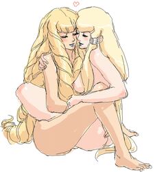 2girls beige_skin blonde_hair breasts closed_eyes color dianna_soreil drill_hair female female_only gundam heart human kihel_heim light-skinned_female light_skin long_hair maya_sawamura_anderson multiple_girls nipples nude sitting straight_hair turn_a_gundam white_background yuri