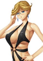 1girls blonde_hair blue_eyes breasts cleavage erect_nipples female female_only glasses gundam gundam_00 jewelry kink_(tortoiseshell) large_breasts louise's_mother milf navel short_hair sling_bikini solo swimsuit