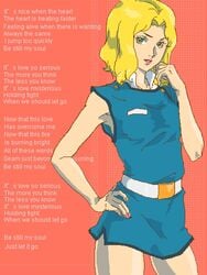 1girls belt beltorchika_irma blonde_hair breasts dress english_text female finalbunny gundam human light-skinned_female light_skin short_hair solo tagme text zeta_gundam