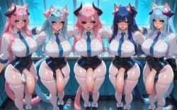 absurdres ai_art ai_generated animal_ear_fluff arms_behind_back arms_behind_head belt between_breasts black_footwear black_horns black_necktie black_skirt blue_footwear blue_necktie blunt_bangs blush boots bow bra bra_visible_through_clothes breasts bulge cat_girl cleavage closed_mouth clothes_lift collared_shirt curled_horns demon_girl desk dripping erection eyes_visible_through_hair fang fangs flaccid full_body futanari high-waist_skirt high_heels jacket koneko konekofuta long_sleeves looking_at_viewer miniskirt necktie_between_breasts one_side_up open_mouth panties pantyhose parted_lips pencil_skirt penis red_horns school_uniform see-through shiny_skin shirt shirt_tucked_in shoes short_sleeves sidelocks skindentation skirt skirt_lift sleeves_rolled_up smile standing testicles thick_thighs thigh_strap thighhighs thighs two_side_up uniform veins veiny_penis white_shirt x_hair_ornament