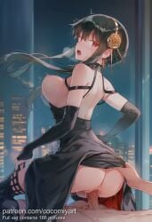 1boy 1girl 2026 ai_generated ass back bare_shoulders black_dress black_gloves black_hair black_thighhighs blush bouncing_breasts breasts breasts_out breath clothed_female_nude_male clothed_sex clothes_lift clothes_pull cocomiyart dress dress_lift dress_pull earrings elbow_gloves fingerless_gloves flower from_behind girl_on_top gloves gold_earrings gold_hairband hair_flower hair_ornament hairband heavy_breathing hetero highres jewelry large_breasts long_hair looking_at_viewer looking_back mosaic_censoring motion_lines night nipples nsfw nude open_mouth penis pussy pussy_juice red_eyes reverse_cowgirl_position rose sex sex_from_behind sidelocks solo_focus spikes spy_x_family straddling sweat thigh_boots thighhighs trembling two-sided_dress two-sided_fabric uncensored vaginal window yor_briar yor_forger