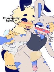 3:4 abdominal_bulge absurd_res anal anal_penetration antennae_(anatomy) anthro arm_grab arthropod bee blush blush_lines bulge cambee dialogue duo from_behind_position fucked_silly genitals hi_res hymenopteran insect lagomorph leporid male male/male mammal penetration penis phabby rabbit sex sound_effects standing standing_sex text tongue tongue_out yotzrl