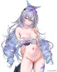 1girl 1girls absurdres ass ass_visible_through_thighs bare_shoulders belly belly_button big_ass bra breasts crop_top drill_hair drill_ponytail earrings erect_nipples fat_ass female female_focus female_only flat_stomach glasses glasses_on_head hair_ornament highres hips hips_wider_than_shoulders holding_own_arm honkai:_star_rail honkai_(series) huge_ass leg_tattoo long_hair looking_at_viewer loose_shirt machi0910 perfect_body pussy ribbon ribbon_in_hair shy silver_eyes silver_hair silver_wolf_(honkai:_star_rail) silver_wolf_(lv.999)_(honkai:_star_rail) small_breasts smile smiling solo tattoo thick_thighs thighs undressing