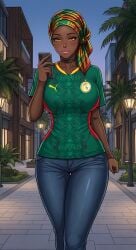 african_female ai_assisted ai_generated black_skin female football football_uniform jeans senegal world_cup