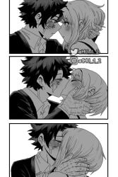 black_and_white canon_couple comic_page deep_kissing izuku_midoriya kissing mu_1_2 my_hero_academia ochako_uraraka romantic