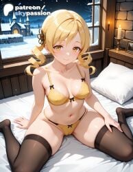 1girls 2026 ai_assisted ai_generated anime bed bed_sheet black_legwear blonde_hair boobs bra breasts bust collarbone drill_hair hair_ornament hi_res high_quality high_resolution highres indoors light_particles mahou_shoujo_madoka_magica navel night night_sky on_bed panties patreon patreon_username pillow puella_magi_madoka_magica sitting skypassion smile solo stable_diffusion thighhighs tits tomoe_mami twin_drills underwear watermark window yellow_bra yellow_eyes yellow_panties yellow_ribbon