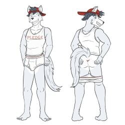 1:1 anthro anus backwards_cap backwards_hat barefoot briefs butt canid canine canis clothed clothing detailed_anus feet front_view frost_caldwell fuze green_eyes hair hand_on_butt hand_on_own_butt hat headgear headwear hi_res hybrid looking_at_viewer looking_back male mammal partially_clothed presenting presenting_anus rear_view shirt simple_background smile smiling_at_viewer solo spread_anus spread_butt spreading spreading_own_butt standing tail tank_top text text_on_clothing tighty_whities topwear underwear underwear_down white_briefs white_clothing white_underwear wolf