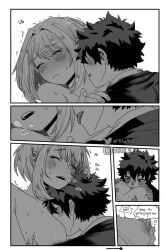 black_and_white canon_couple face_in_breasts fondling_breast izuku_midoriya licking_breast moaning moaning_in_pleasure mu_1_2 my_hero_academia neck_kiss ochako_uraraka