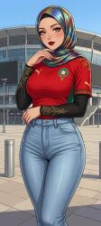 ai_assisted ai_generated female football football_uniform hijab hijabi jeans moroccan morocco world_cup