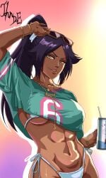 1girl 1girls abs accessory adjusting_eyewear alternate_version_available aqua_shirt arm_up artist_request bare_midriff belly big_breasts bikini black_hair bleach bleach:_the_thousand-year_blood_war bracelet breasts busty can collarbone cosplay cowboy_shot crop_top cropped_shirt crossover curvaceous curvy curvy_female curvy_figure dark-skinned_female dark_skin downturned_eyes drinking_straw exposed_midriff eyelashes eyewear_on_head female female_focus female_only female_torso front_view gold_bracelet gradient_background grand_theft_auto grand_theft_auto_vi gta_vi_cover_girl half-closed_eyes hi_res high_resolution highleg highleg_bikini highres holding holding_can jewelry large_breasts lips long_hair looking_at_viewer midriff midriff_baring_shirt multiple_bracelets muscular muscular_female narrowed_eyes navel necklace nose o-ring o-ring_bikini o-ring_bottom parted_bangs parted_lips ponytail pose pose_imitation posing purple_hair reference rockstar_games shihouin_yoruichi shirt short_sleeves shounen_jump side-tie_bikini_bottom sidelocks signature simple_background smile smiling solo solo_female solo_focus stomach straight_hair sunglasses swimsuit t-shirt tagme thong thong_bikini toned toned_body toned_female toned_stomach torso trend tsurime underboob v-shaped_eyebrows voluptuous voluptuous_female white_bikini yellow_eyes