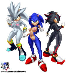 absurd_res anthro anus big_breasts black_body black_nose blue_body breasts crossgender dark_body eulipotyphlan female genitals green_eyes group hedgehog hi_res huge_breasts looking_at_viewer mammal mitterfemboyes mitterfesdraws mtf_crossgender nipples nude sega shadow_the_hedgehog silver_body silver_the_hedgehog simple_background sonic_the_hedgehog sonic_the_hedgehog_(comics) sonic_the_hedgehog_(series) standing trio vulva white_background yellow_eyes