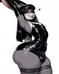 ai_generated anthro black_hair black_lipstick bugs_bunny denim_shorts femboy fembugs_bunny fishnet_thighhighs flat_chest furry goldybo goth heart huge_ass long_hair looney_tunes makeup narrow_waist puffy_lips smile spaghetti_strap stretching tagme thick_thighs wide_hips wink