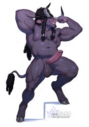 anthro balls biceps big_penis bovid bovine cattle erection flexing genitals glans hair hi_res hooves horn humanoid_genitalia humanoid_penis male mammal muscular muscular_anthro muscular_male nipples nude pecs penis plna simple_background solo tail tail_tuft text tuft url vein veiny_penis white_background
