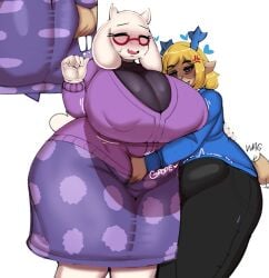1futa 1girls 2d anthro anthro_female anthro_futa anthro_on_anthro ass ass_grab belly belly_grab blonde_hair blush blushing_female breasts breasts_bigger_than_head busty carol_holiday cleavage deltarune erection erection_under_clothes female fladdykin futa_on_female futanari glasses mature_female nipple_bulge penis tagme thick_thighs thighs toriel undertale_(series) white_background