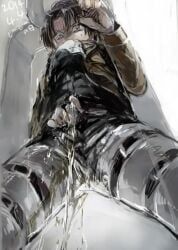 attack_on_titan clothed incontinence levi_ackerman male male_only peeing peeing_self shingeki_no_kyojin solo solo_focus solo_male