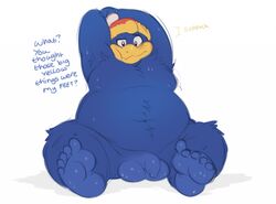 1boy 2015 5_toes avian balls beak big_balls bird blue_feathers blue_fur chubby dialogue english_text flaccid foot_focus fur hindpaw human_feet king_dedede kirby_(series) long_foreskin looking_at_viewer male male_only moobs navel nintendo overweight paws penguin penis plantigrade raised_arm sitting sketch soles solo stretching sweat sweaty_balls sweaty_feet talking_to_viewer text toe_spread toes uncut video_games white_background zonkpunch