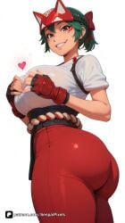 1girl ai_generated artist_name ass blizzard_entertainment bow breasts brown_eyes cowboy_shot facial_mark fingerless_gloves fox_mask gloves green_hair grin hair_bow hakama heart japanese_clothes kiriko_(overwatch) large_breasts lips looking_at_viewer mask ninja overwatch overwatch_2 pants patreon ponytail red_bow red_gloves red_hakama senpai_pixels sensitive shirt short_hair short_sleeves simple_background smile solo white_background white_kimono white_shirt