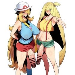 2026 2d 2girls bar_censor blonde_female blonde_hair censored clothed cock_out cosplay costume cynthia_(pokemon) futa_only futanari game_freak green_eyes hat inverted_peace_symbol lusamine_(pokemon) minishorts mochiume9 pokemon skirt tagme white_background