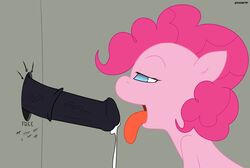 animal_genitalia black_penis blue_eyes cum cum_drip disembodied_penis dripping english_text equine friendship_is_magic fur glory_hole hair half-closed_eyes horse horsecock looking_at_penis male mammal my_little_pony open_mouth penis pink_fur pink_hair pinkie_pie_(mlp) pony straight_hair text tongue tongue_out zoarity