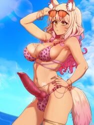 3:4 absurd_res alternative_fashion animal_genitalia animal_humanoid animal_penis balls_in_panties balls_in_underwear belly big_penis bikini blonde_hair bodily_fluids breasts canid canid_humanoid canine canine_genitalia canine_humanoid canine_penis cleavage clothed clothing cloud colored colored_nails cum cum_between_breasts cum_on_breasts digital_media_(artwork) emanata erection eyewear eyewear_on_head fate_(series) fox_humanoid genital_fluids genitals gyaru gynomorph gynomorph_humanoid hair hand_on_hip hand_on_own_hip hi_res humanoid inner_ear_fluff intersex intersex_humanoid j-fashion jewelry knot knotted_penis lens_flare looking_down looking_down_at_genitalia looking_down_at_penis mammal mammal_humanoid nails navel pattern_bikini pattern_clothing pattern_swimwear penis pink_nails precum precum_on_penis seaside shaded sky solo sunglasses sunglasses_on_head suzuka_gozen swimwear tan_body todding tuft two-piece_swimsuit type-moon vein veiny_penis water wearing_sunglasses wet