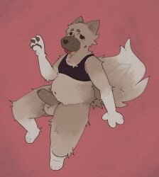 absurd_res anthro balls belly big_belly blush bottomless bra canid canine canis clothed clothing erection fluffy foreskin genitals glans hdmi-art hi_res looking_at_viewer looking_up mammal pabini penis red_background simple_background sitting slightly_chubby solo tail thick_thighs tongue tongue_out topwear underwear unretracted_foreskin