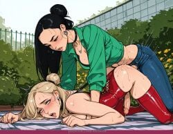 2girls ai_generated ass bebora black_choker black_hair blonde_hair blue_pants blush breasts bush choker cleavage clothed_sex cum day debbie_grayson denim earrings ejaculating_while_penetrated ejaculation futa_with_futa futanari hair_bun invincible jeans jewelry long_hair motion_lines multiple_girls necklace open_mouth outdoors pants penis sex sex_from_behind shirt single_hair_bun sweat thighhighs top-down_bottom-up uncensored