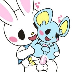 accessory anal anal_penetration anthro balls blue_body blush bodily_fluids bottomless bow_ribbon clothed clothing cum cum_in_ass cum_inside duo flat_(sanrio) furgonomics genital_fluids genitals heart_symbol hi_res lagomorph leporid male male/male male_anthro male_penetrated male_penetrating male_penetrating_male mammal mincheeto murid murine onegai_my_melody penetration penile penile_penetration penis penis_in_ass rabbit rhythm_(sanrio) ribbons rodent sanrio sex simple_background size_difference smaller_penetrated stand_and_carry_position standing standing_sex tail tail_accessory tail_bow tail_ribbon tapering_penis white_background white_body