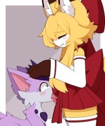 5:6 animal_genitalia animal_penis anthro asian_clothing big_penis blush bodily_fluids canid canine canine_genitalia canine_penis clenched_teeth clothing crossgender cum cum_in_mouth cum_inside cum_spurt deep_throat dripping duo east_asian_clothing eyes_closed felid feline fellatio female_(lore) fox ftg_crossgender fti_crossgender genital_fluids genitals gynomorph hand_on_head huge_penis intersex japanese_clothing km-15 lumen_(km-15) mammal miko_outfit miu_(feeshyartist) open_mouth oral oral_penetration penetration penile penis penis_in_mouth philikkahn precum precum_drip saliva saliva_on_penis sex side_view teeth vein veiny_penis