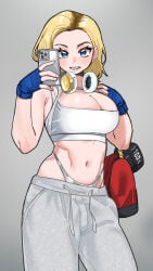 1girls big_breasts blonde_hair blue_eyes breasts cleavage dc dc_comics female female_only gym_clothes holding holding_object light-skinned_female light_skin mirror_selfie power_girl selfie solo workout_clothes