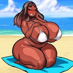2d 2d_(artwork) 2d_artwork areolae areolae_peeking beach beach_background beach_towel big_ass big_breasts bikini_aside bikini_top black_hair breasts breasts_bigger_than_head cartoon_network color dark-skinned_female dark_skin digital_drawing digital_drawing_(artwork) digital_media digital_media_(artwork) eyes_closed female female_focus female_only front_view hand_on_head huge_breasts large_breasts lewdlimon long_hair mature mature_female milf older_female priyanka_maheswaran solo solo_female solo_focus steven_universe thick thick_ass thick_butt thick_thighs voluptuous voluptuous_female white_bikini